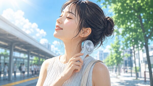 冷却プレートを首筋に当てて涼むイメージ