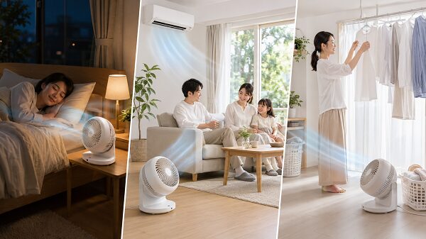 用途別にサーキュレーターを選ぶ様子