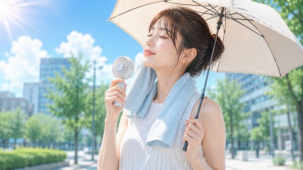 真夏の屋外で暑さ対策グッズを併用するイメージ