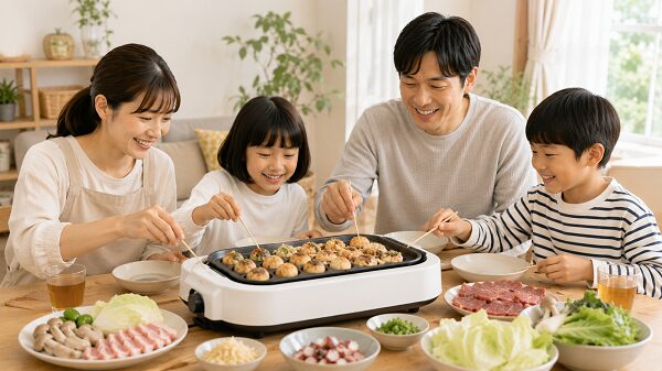 家族でホットプレートを楽しむ