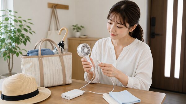 外出前にハンディファンを充電