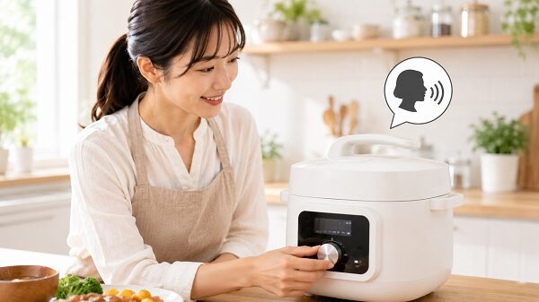 ダイヤル操作と音声ガイドで調理する様子